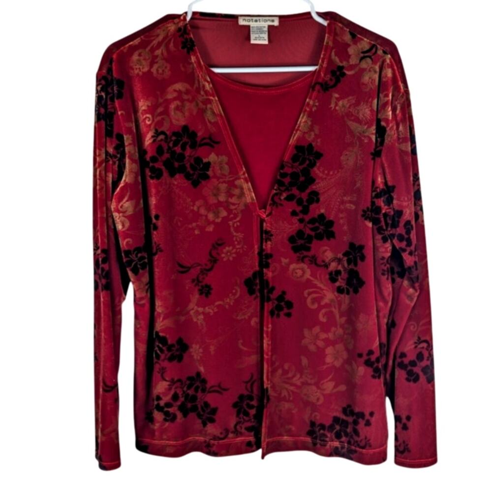 Notations L Sheer Floral Mesh Cardigan Womens Red Long Sleeve Layered Top